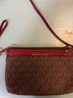 Michael Kors Brown MK Logo Crossbody with Red Trim and Gold Hardware